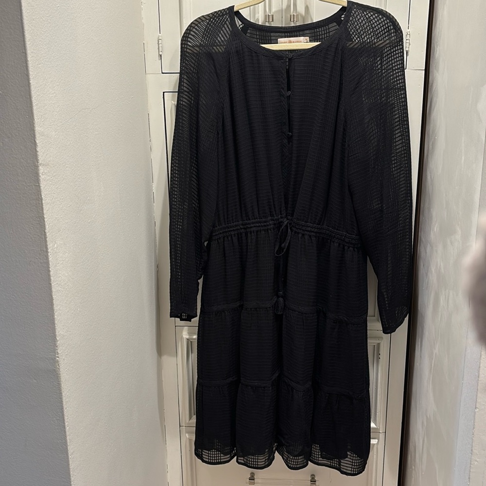 Tory Burch black tiered cinch tie tassel dress - size 14